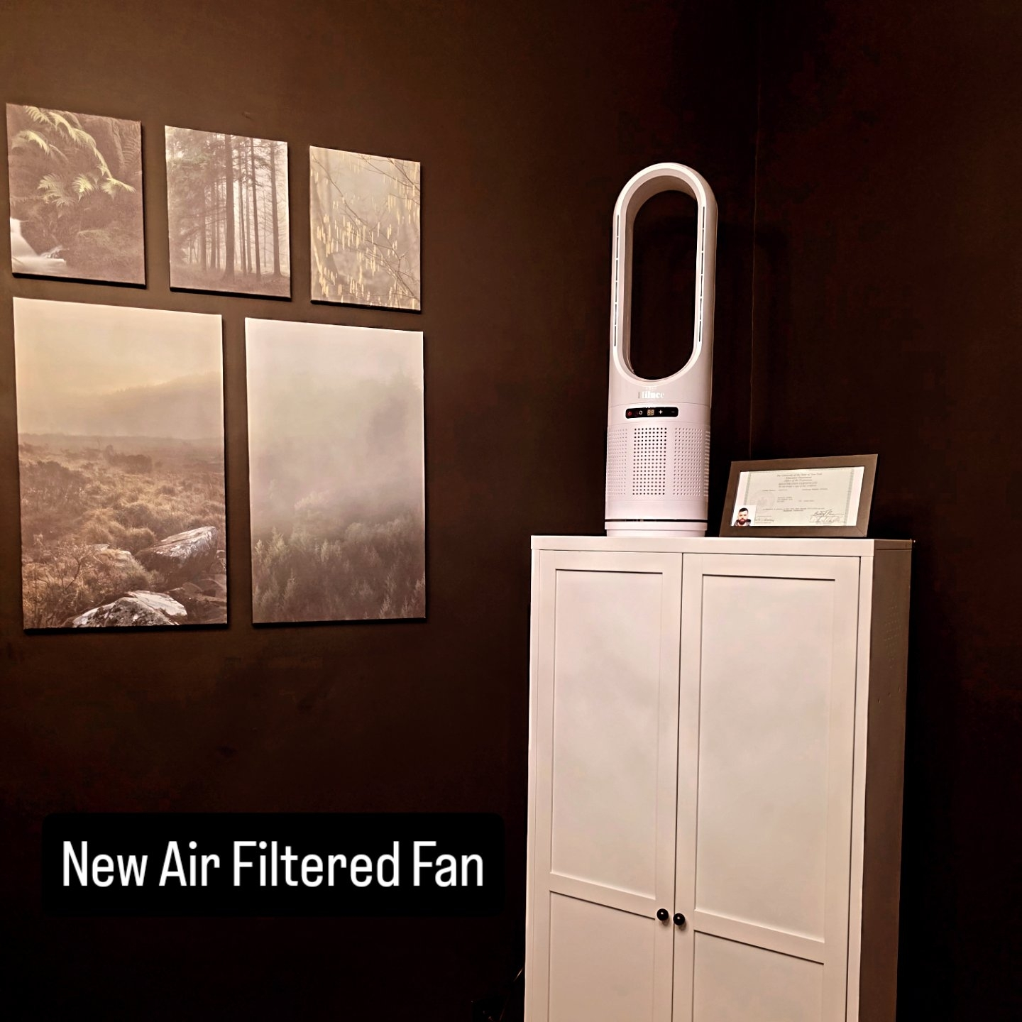 Treatment room with framed forest art and air-filtered fan
