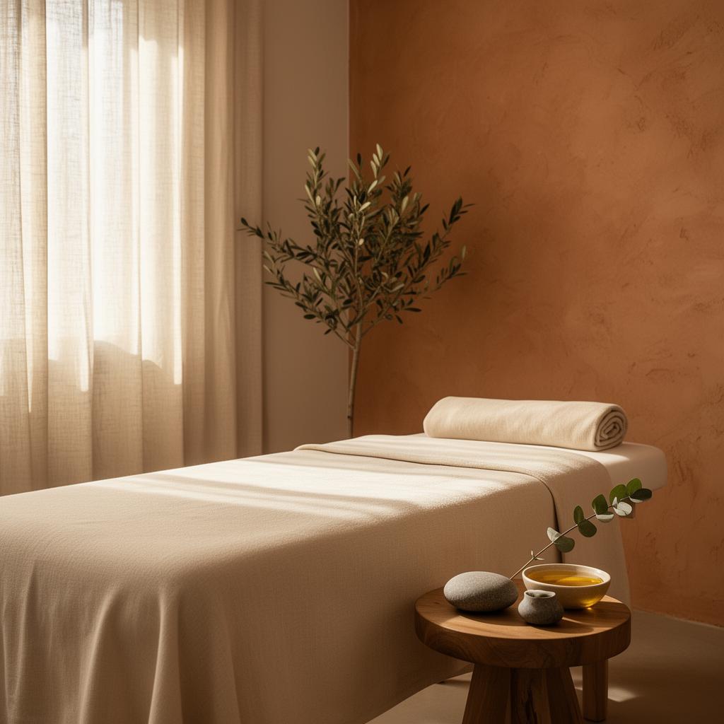 A serene massage studio with soft morning light streaming through linen curtains